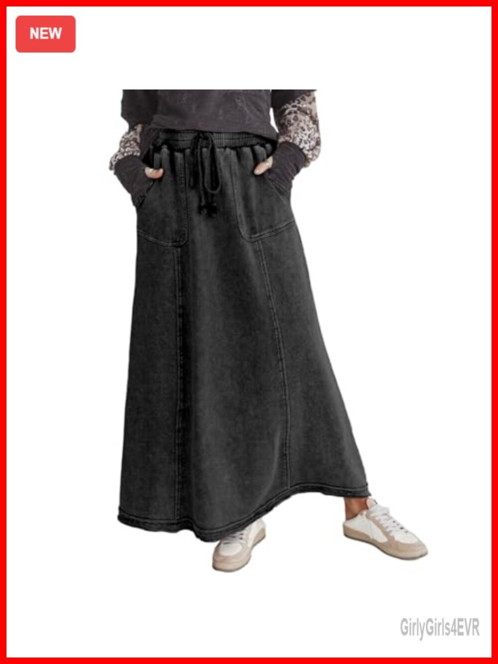 Women's Acid Wash Maxi Skirt 100% Cotton A-Line Drawstring High Waist with